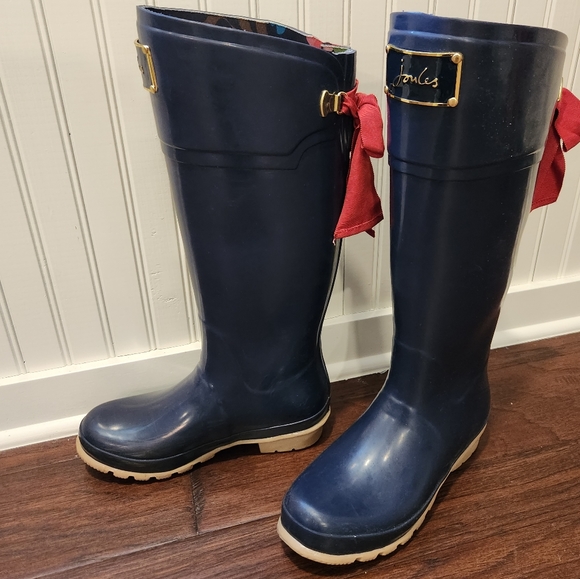 Joules Shoes Joules Tall Rain Boots 8 Navy With Red Bow Tie Up On